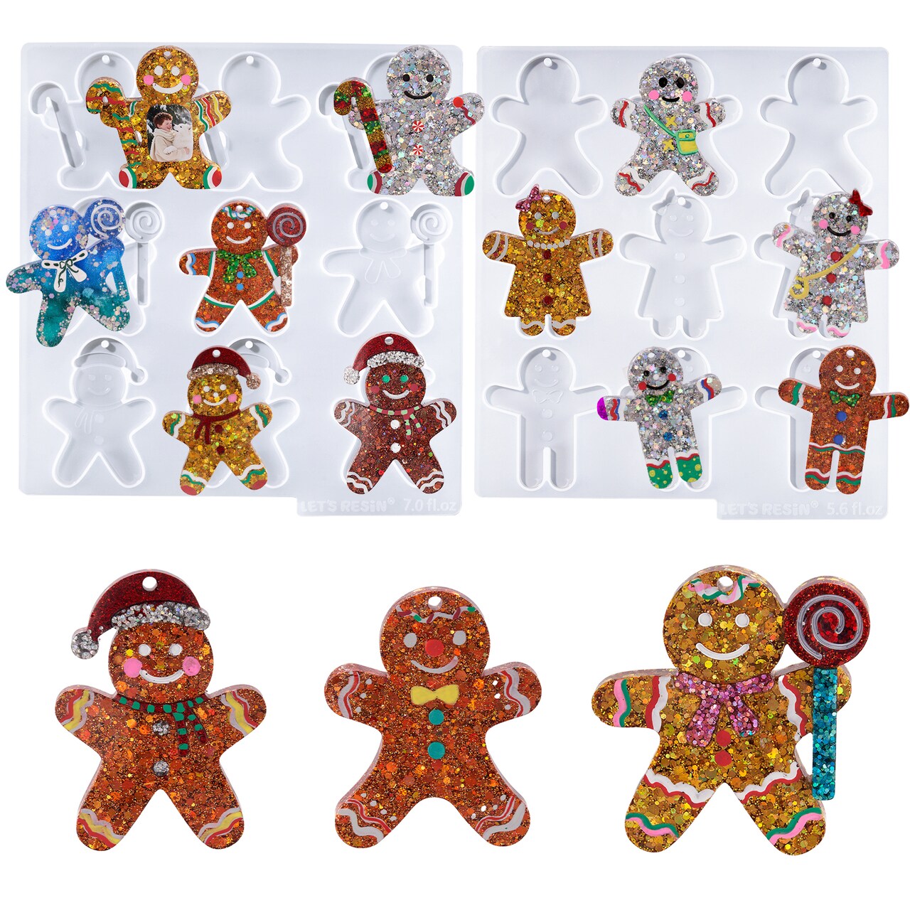 LET’S Resin 18 Cavities Christmas Resin Molds, 6 Gingerbread Pattern Christmas Ornament Resin Molds Silicone, Glossy Silicone Molds for Resina Art, Tree Decorations,Holiday Gifts,Keychain